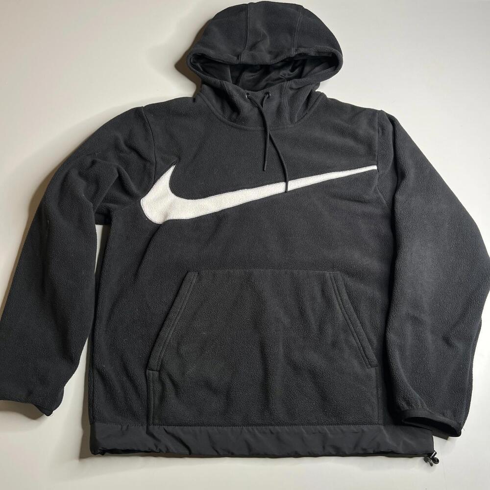 Nike Swoosh Fleece Hoodie Black White Pullover Kangaroo Pocket Men’s Size S